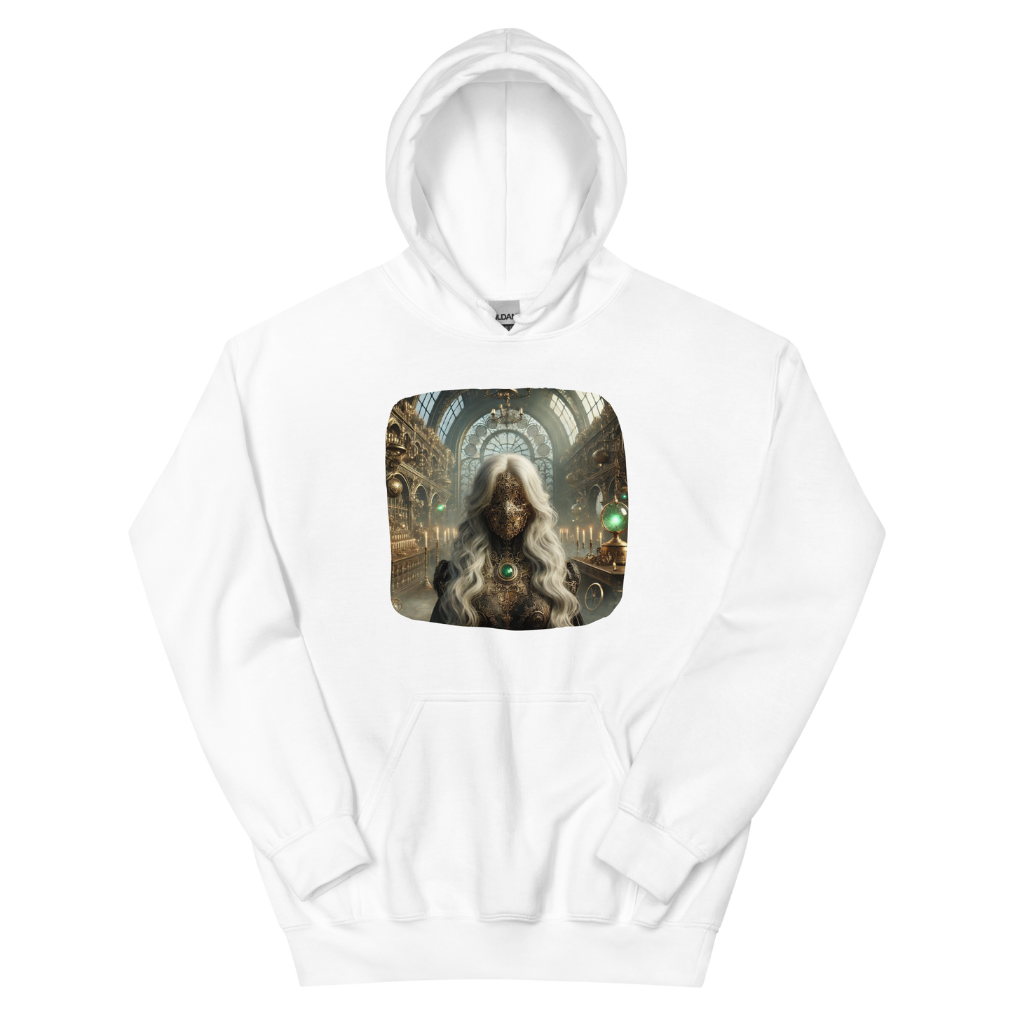 The Gilded Oracle Hoodie featuring an intricate gold mystical design on a hoodie, blending vintage elegance with a mysterious aura, from the Amelie Collection