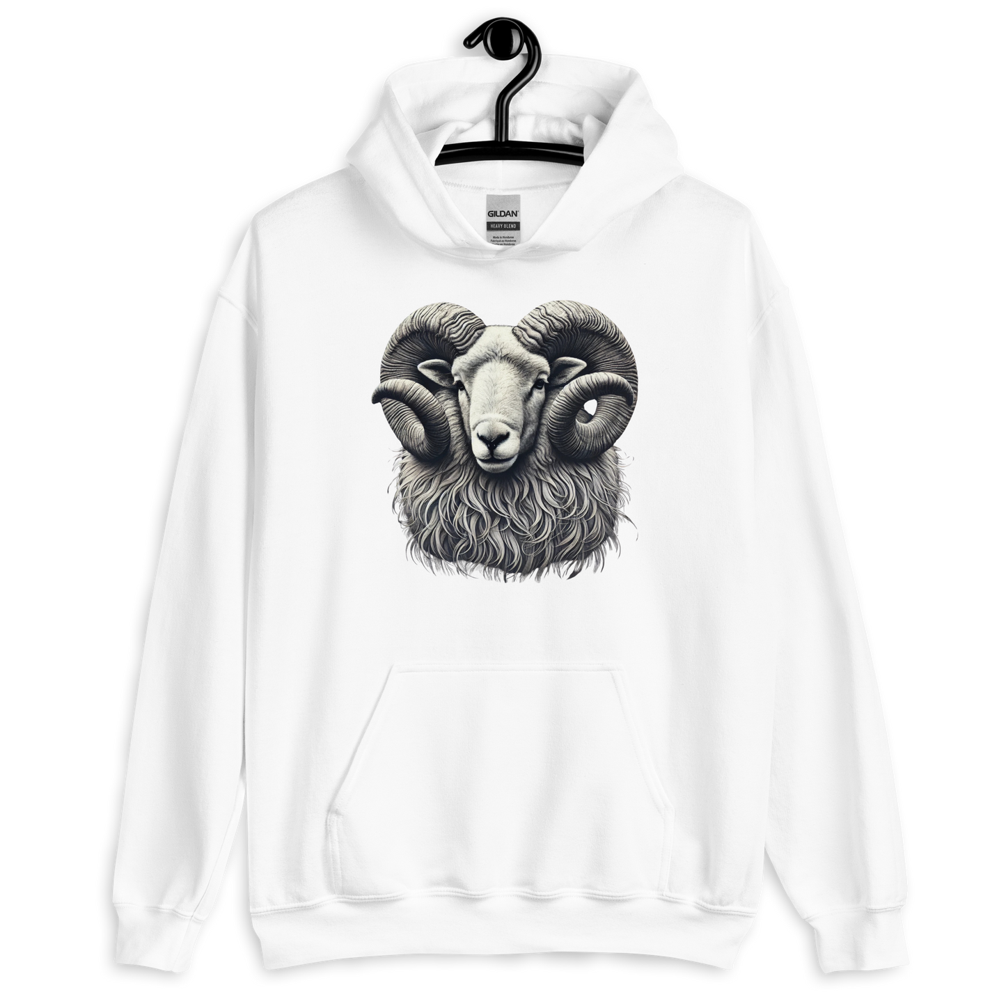 Horns of Honour hoodie featuring a detailed Swaledale ram illustration, blending bold wildlife art with a rugged, statement design on a premium pullover hoodie.