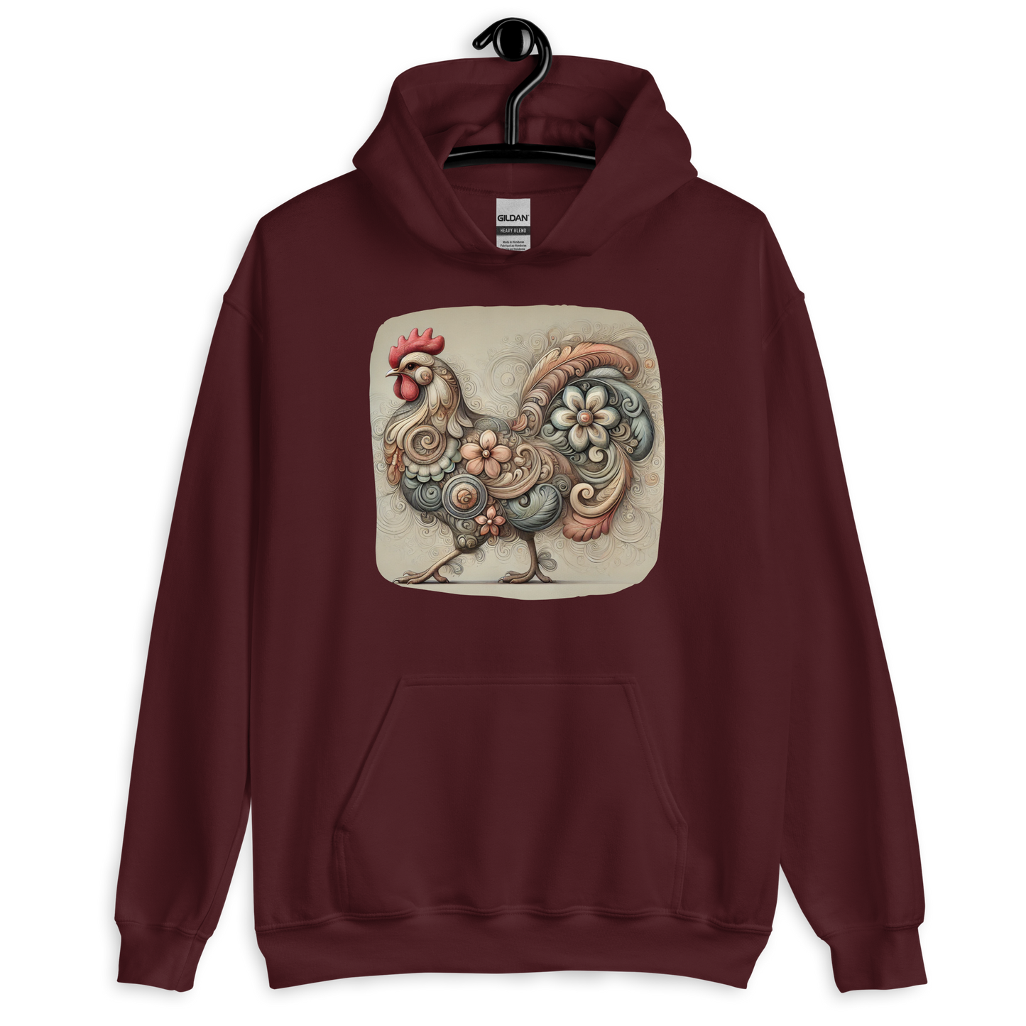 Scrolls & Feathers Maroon Chicken Hoodie from the Cluck Couture Collection at Absolute Legend