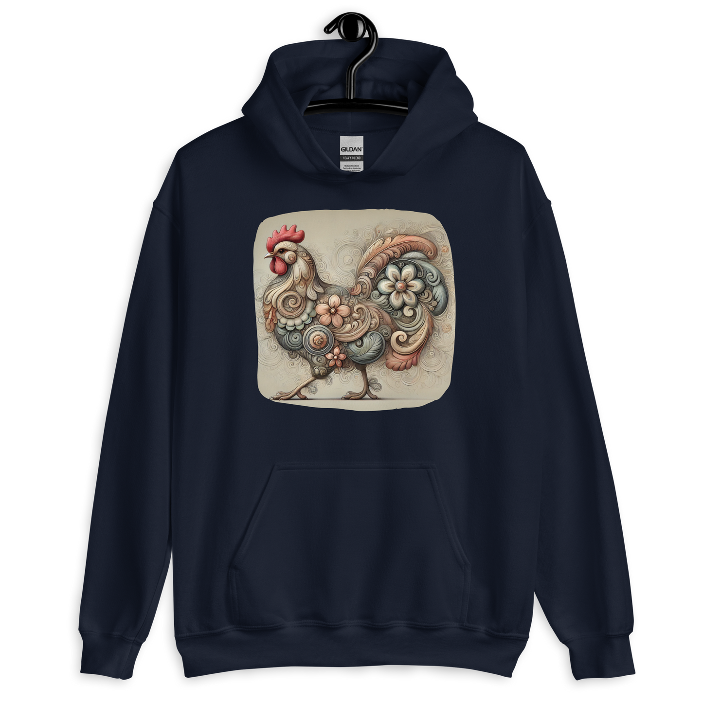 Scrolls & Feathers Navy Chicken Hoodie from the Cluck Couture Collection at Absolute Legend