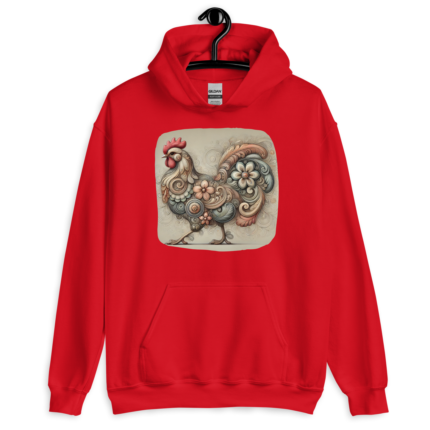 Scrolls & Feathers Chicken Red Hoodie from the Cluck Couture Collection at Absolute Legend